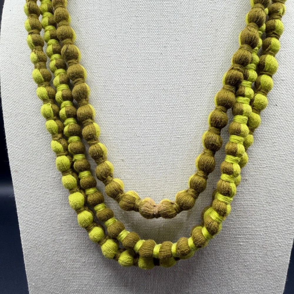 Green Ombre Tone Fabric Bead Necklace Multi Strand Knotted Statement Jewelry
